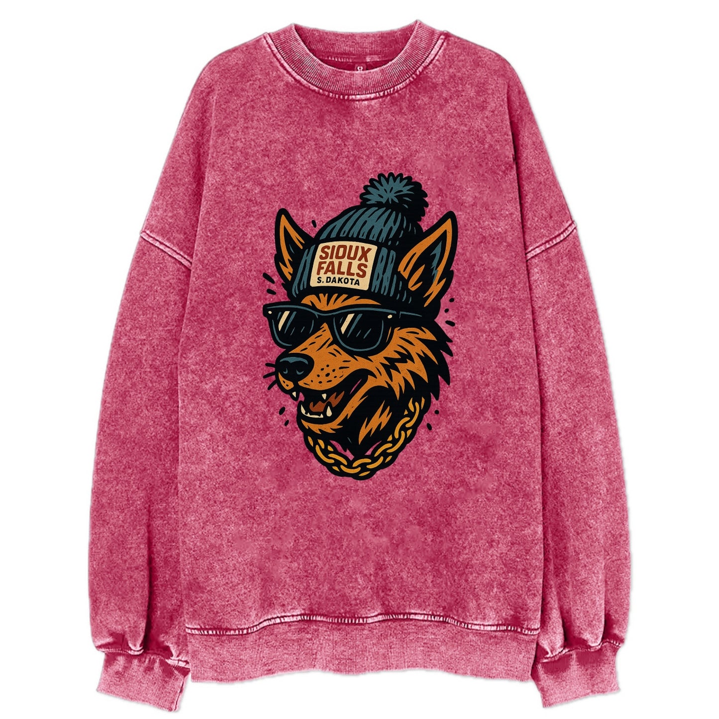 South Dakota Coyote wearing Sioux Falls beanie with pom pom and wayfarer - Vintage Sweatshirt - Pink