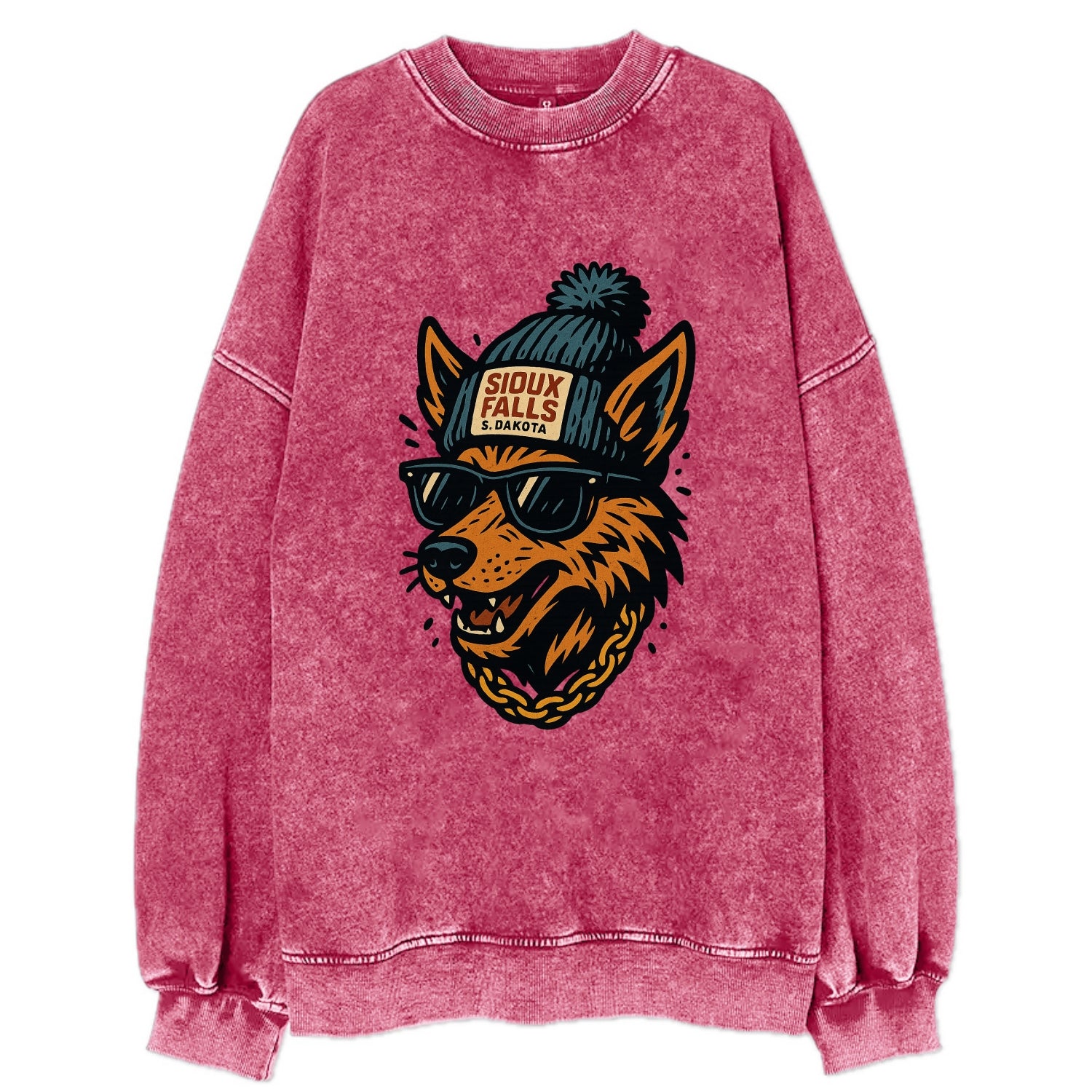 South Dakota Coyote wearing Sioux Falls beanie with pom pom and wayfarer - Vintage Sweatshirt - Pink