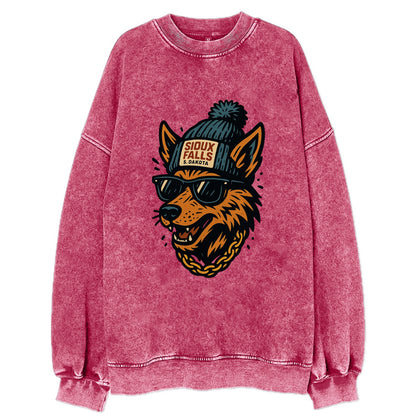South Dakota Coyote wearing Sioux Falls beanie with pom pom and wayfarer - Vintage Sweatshirt - Pink