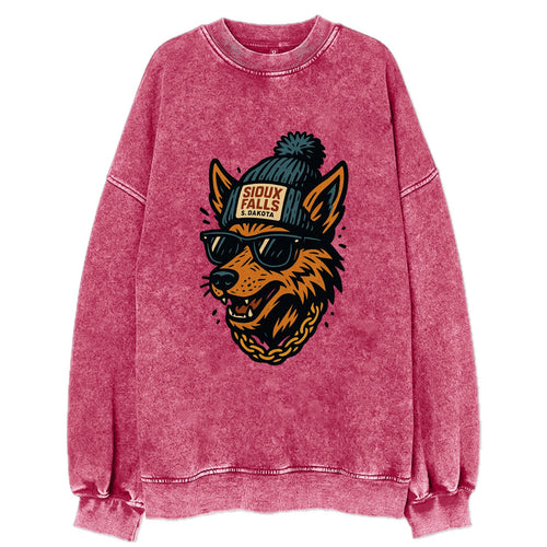 South Dakota Coyote wearing Sioux Falls beanie with pom pom and wayfarer - Vintage Sweatshirt