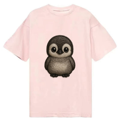 Baby Penguin Chick - gray fluffy, white face, round body, front-facing, tuxedo - Classic T-shirt - Pink
