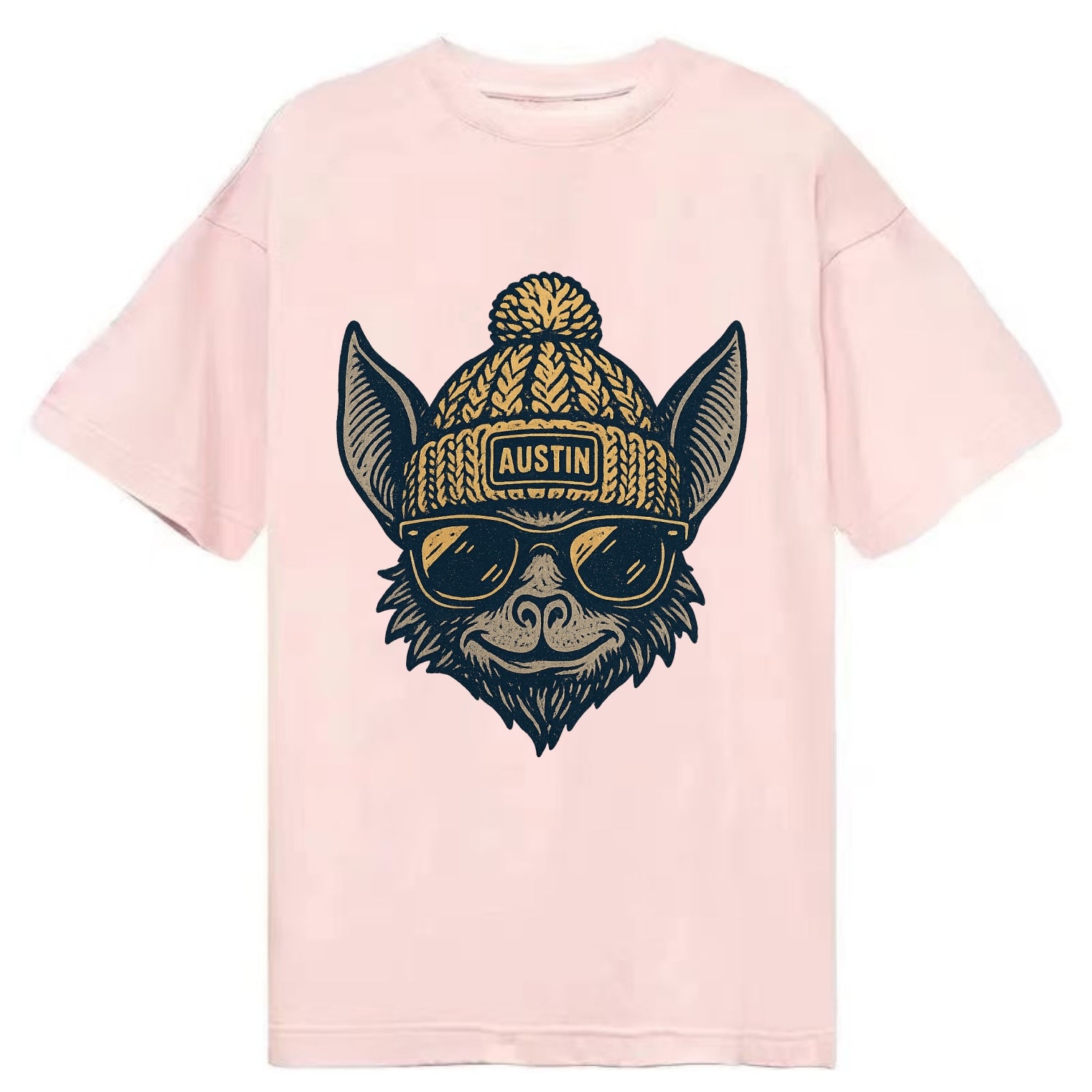 Austin Bat wearing Austin beanie with pom pom and wayfarer sunglasses - Classic T-shirt - Pink