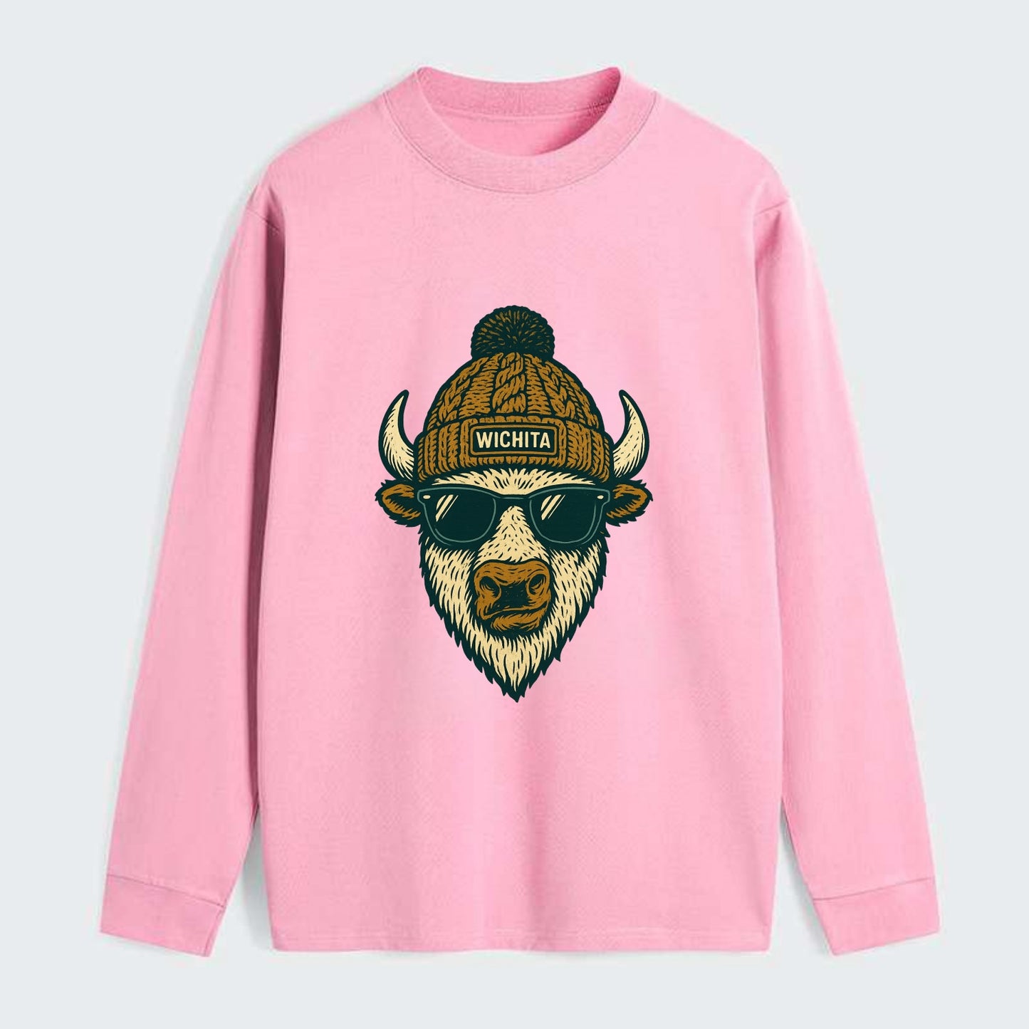 Kansas American Bison wearing Wichita beanie with pom pom and wayfarer - Classic Long Sleeve Shirt - Pink