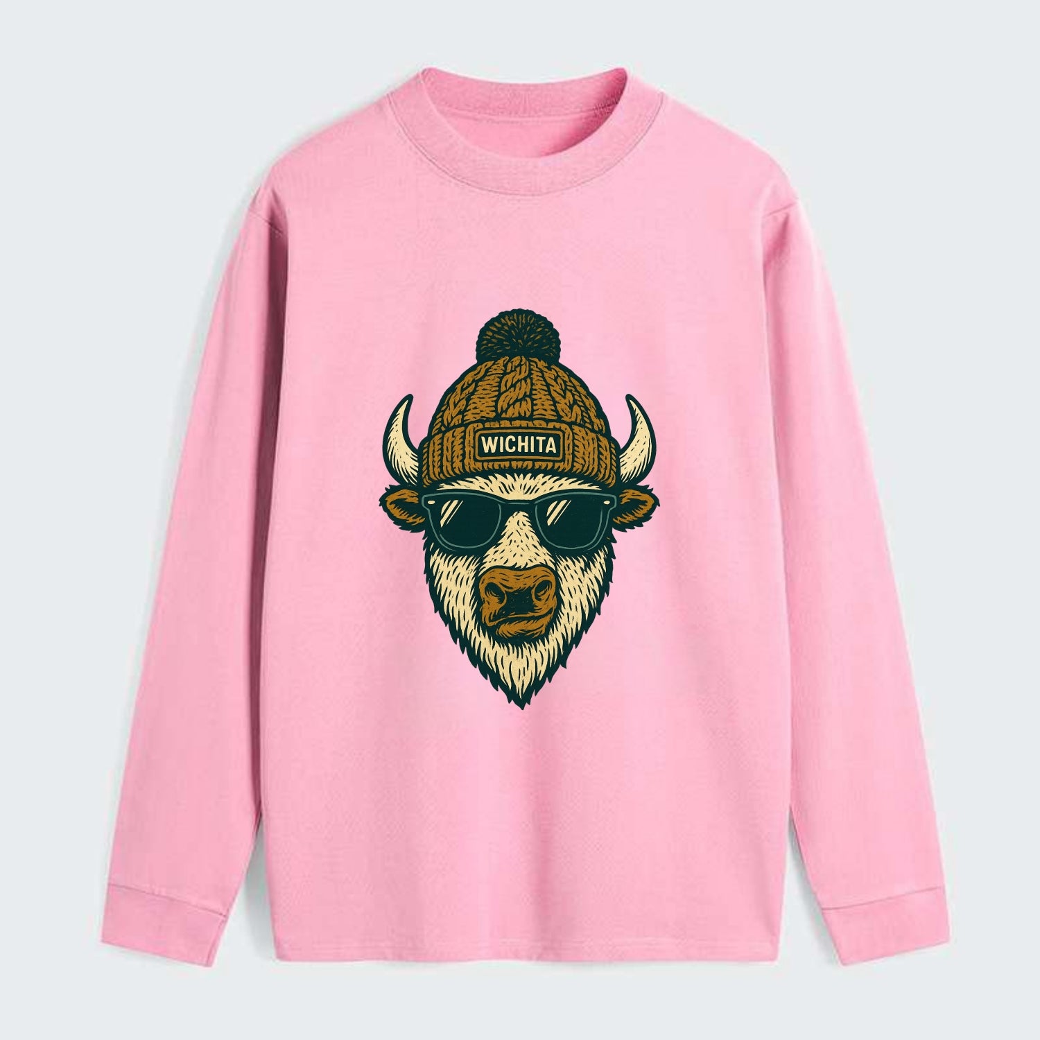 Kansas American Bison wearing Wichita beanie with pom pom and wayfarer - Classic Long Sleeve Shirt - Pink