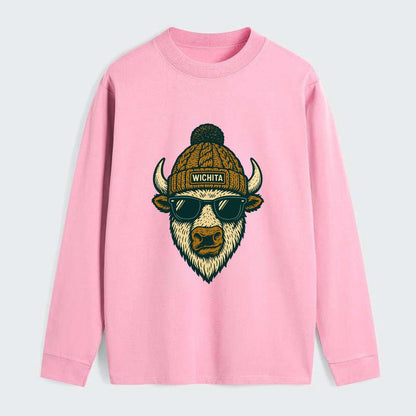 Kansas American Bison wearing Wichita beanie with pom pom and wayfarer - Classic Long Sleeve Shirt - Pink