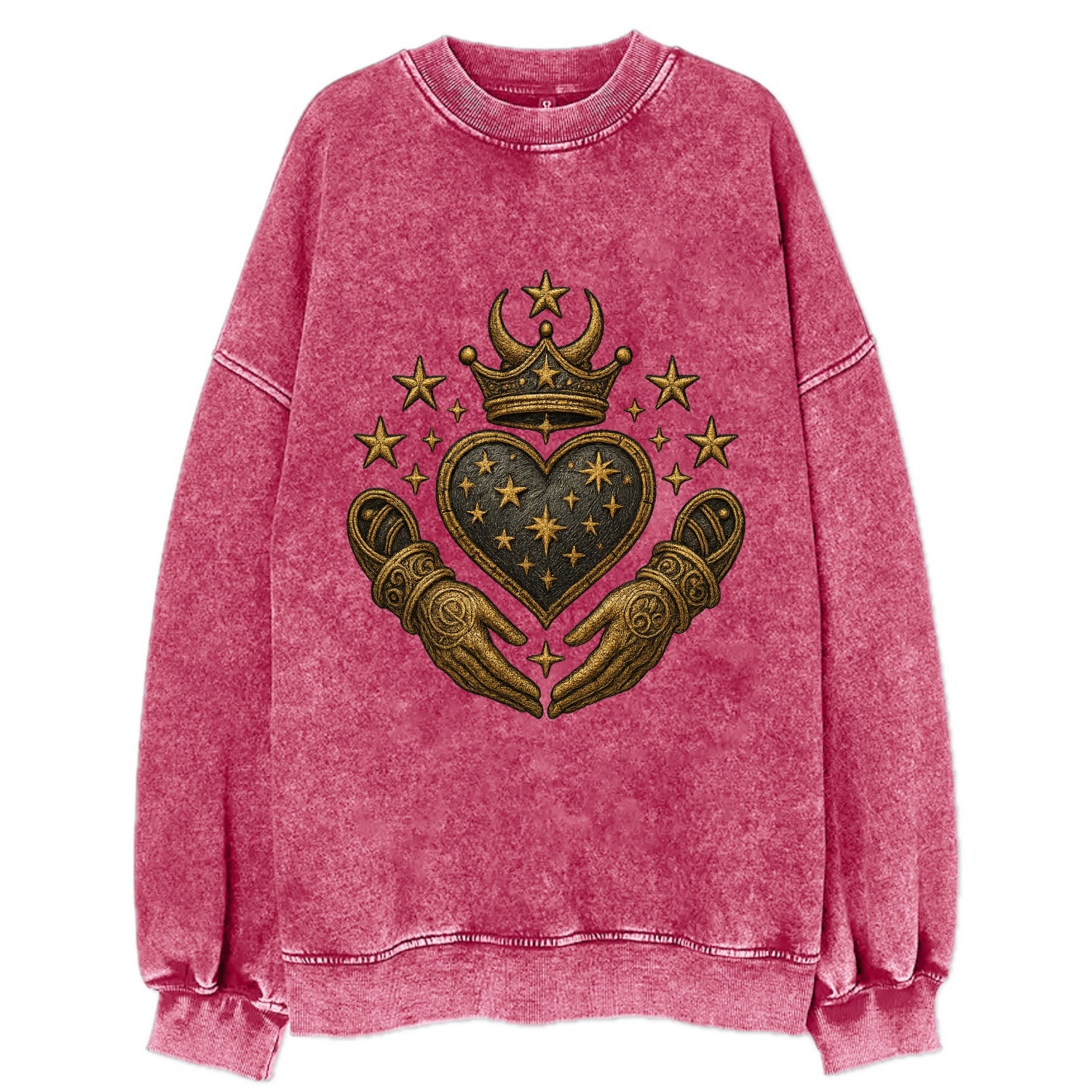 Weathered antique brass crown above a hammered gunmetal heart framed by - Vintage Sweatshirt - Pink