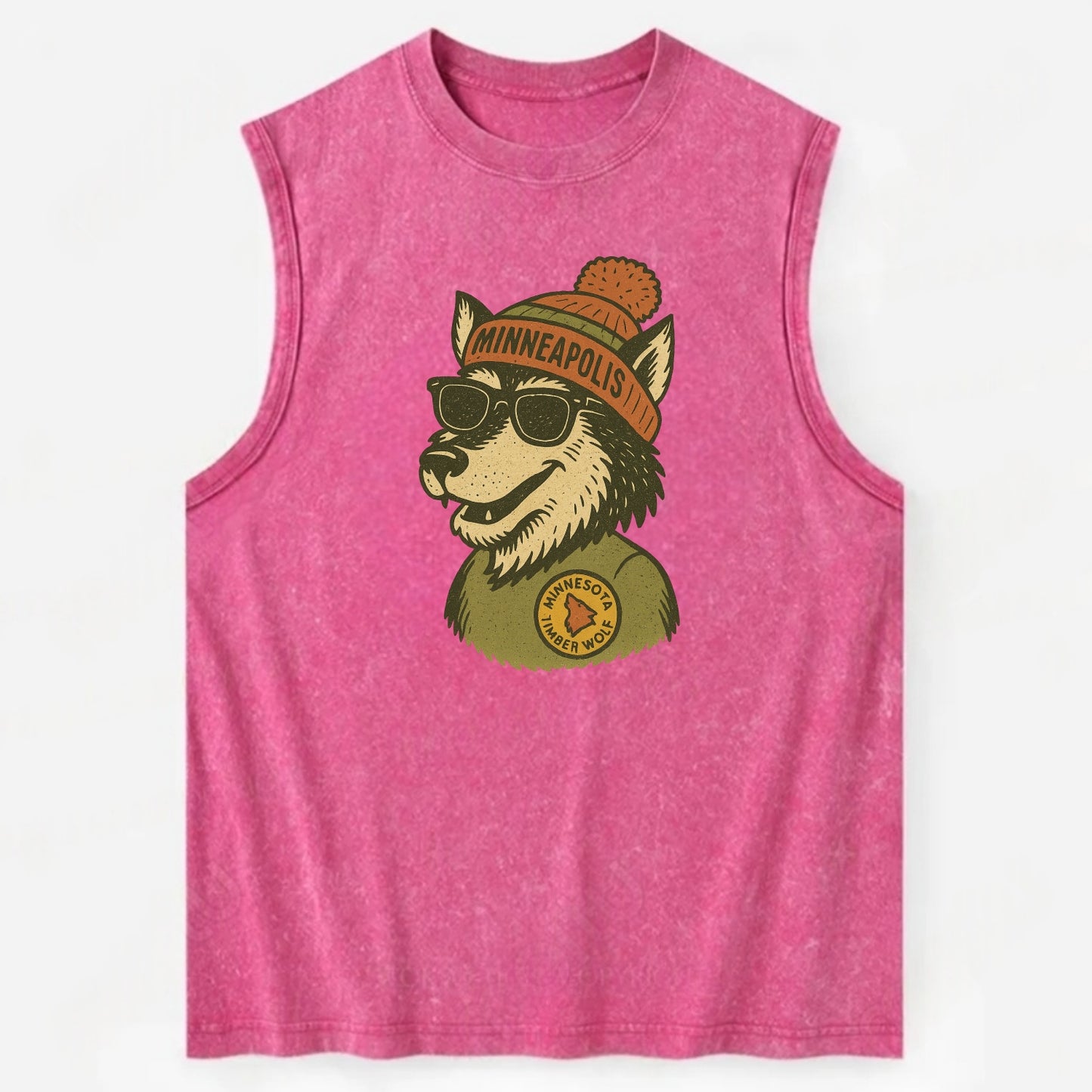 Minnesota Timber Wolf wearing Minneapolis beanie with pom pom and wayfarer - Vintage Washed Tank - Pink