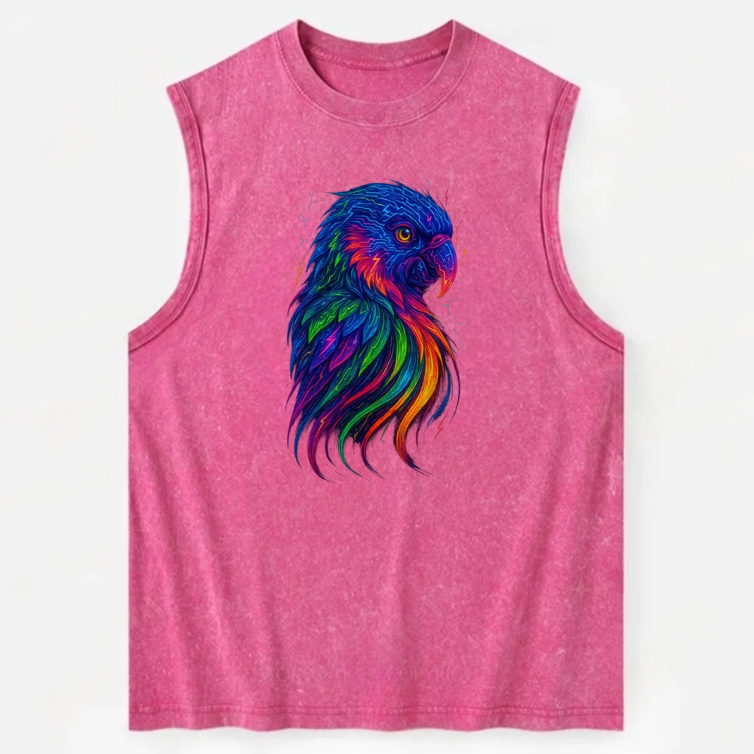 Vibrant parrot with feathers flowing into tropical rainbow streams, every - Vintage Washed Tank - Pink