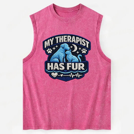 MY THERAPIST HAS FUR - pet silhouette in calming blue , emotional support - Vintage Washed Tank - Pink