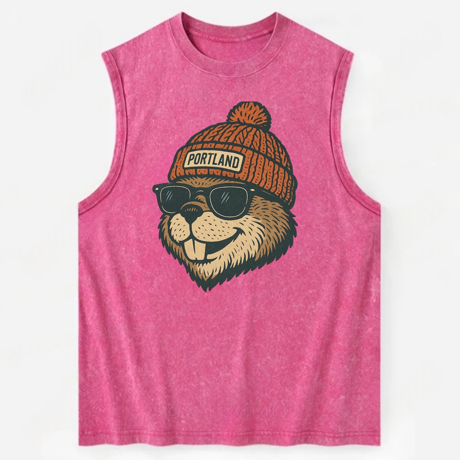 Oregon Beaver wearing Portland beanie with pom pom and wayfarer sunglasses - Vintage Washed Tank - Pink