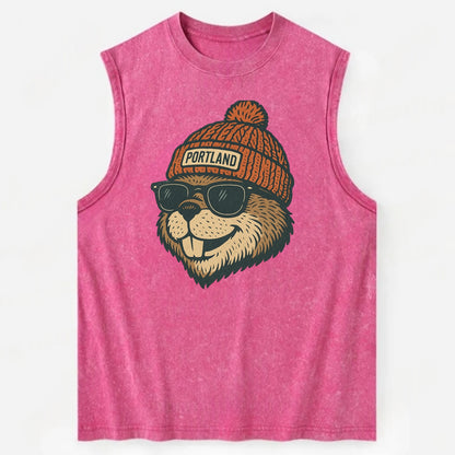 Oregon Beaver wearing Portland beanie with pom pom and wayfarer sunglasses - Vintage Washed Tank - Pink