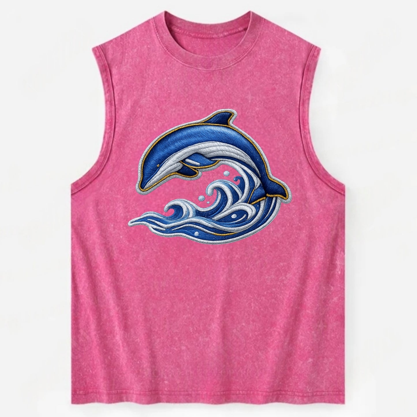 Embroidered patch design - SWIMMING DOLPHIN - diving dolphin with waves in - Vintage Washed Tank - Pink