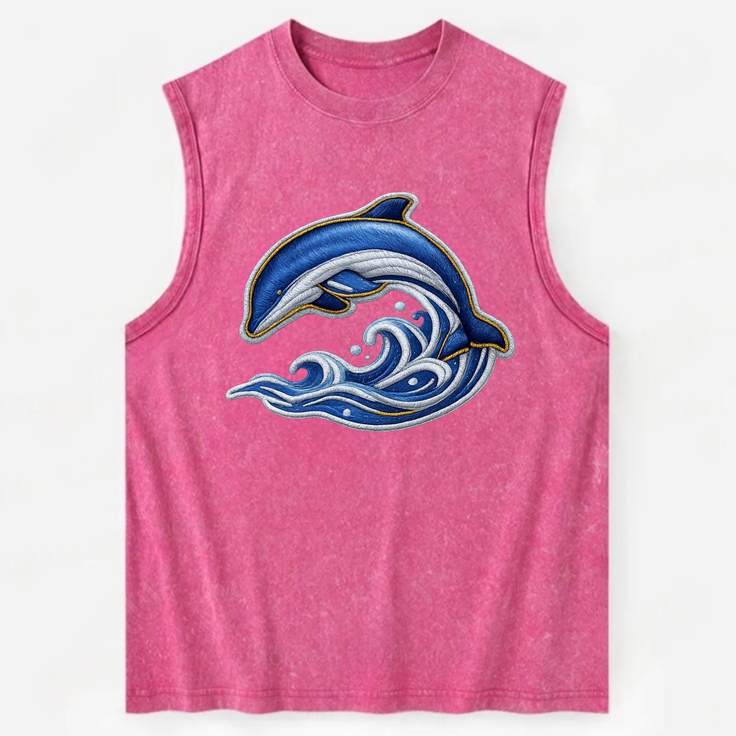 Embroidered patch design - SWIMMING DOLPHIN - diving dolphin with waves in - Vintage Washed Tank - Pink
