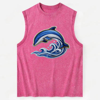 Embroidered patch design - SWIMMING DOLPHIN - diving dolphin with waves in - Vintage Washed Tank - Pink