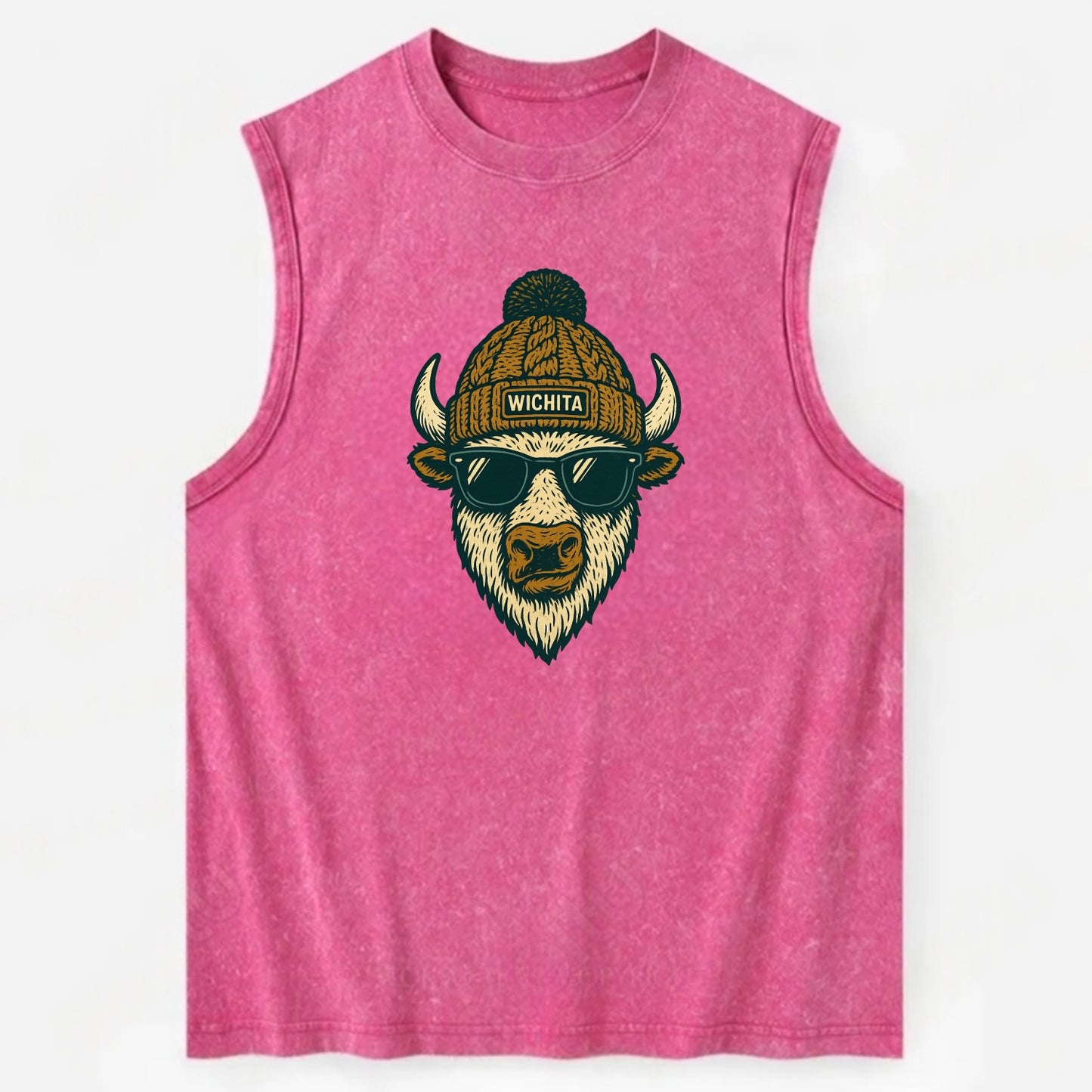 Kansas American Bison wearing Wichita beanie with pom pom and wayfarer - Vintage Washed Tank - Pink
