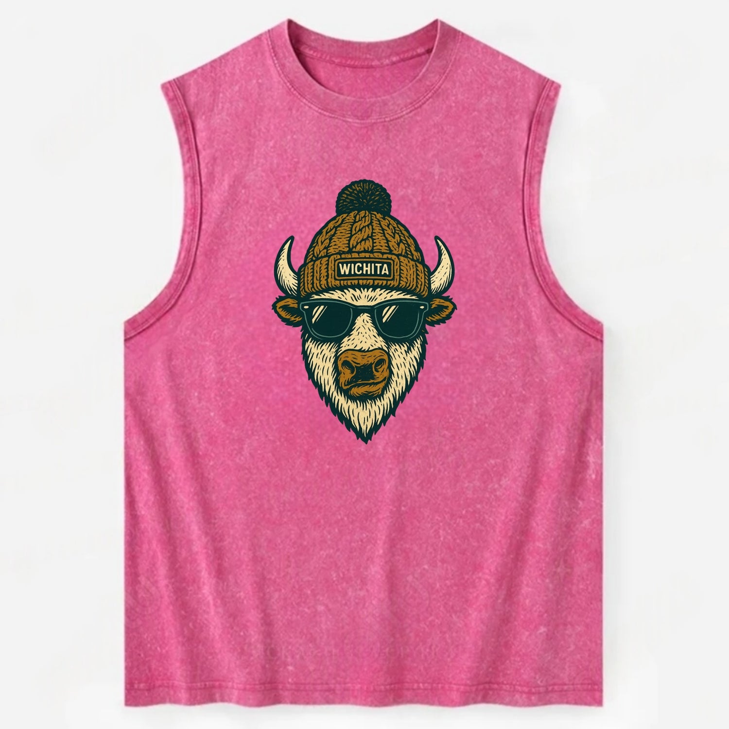 Kansas American Bison wearing Wichita beanie with pom pom and wayfarer - Vintage Washed Tank - Pink