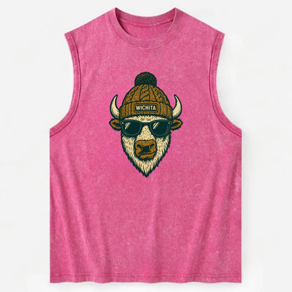 Kansas American Bison wearing Wichita beanie with pom pom and wayfarer - Vintage Washed Tank - Pink