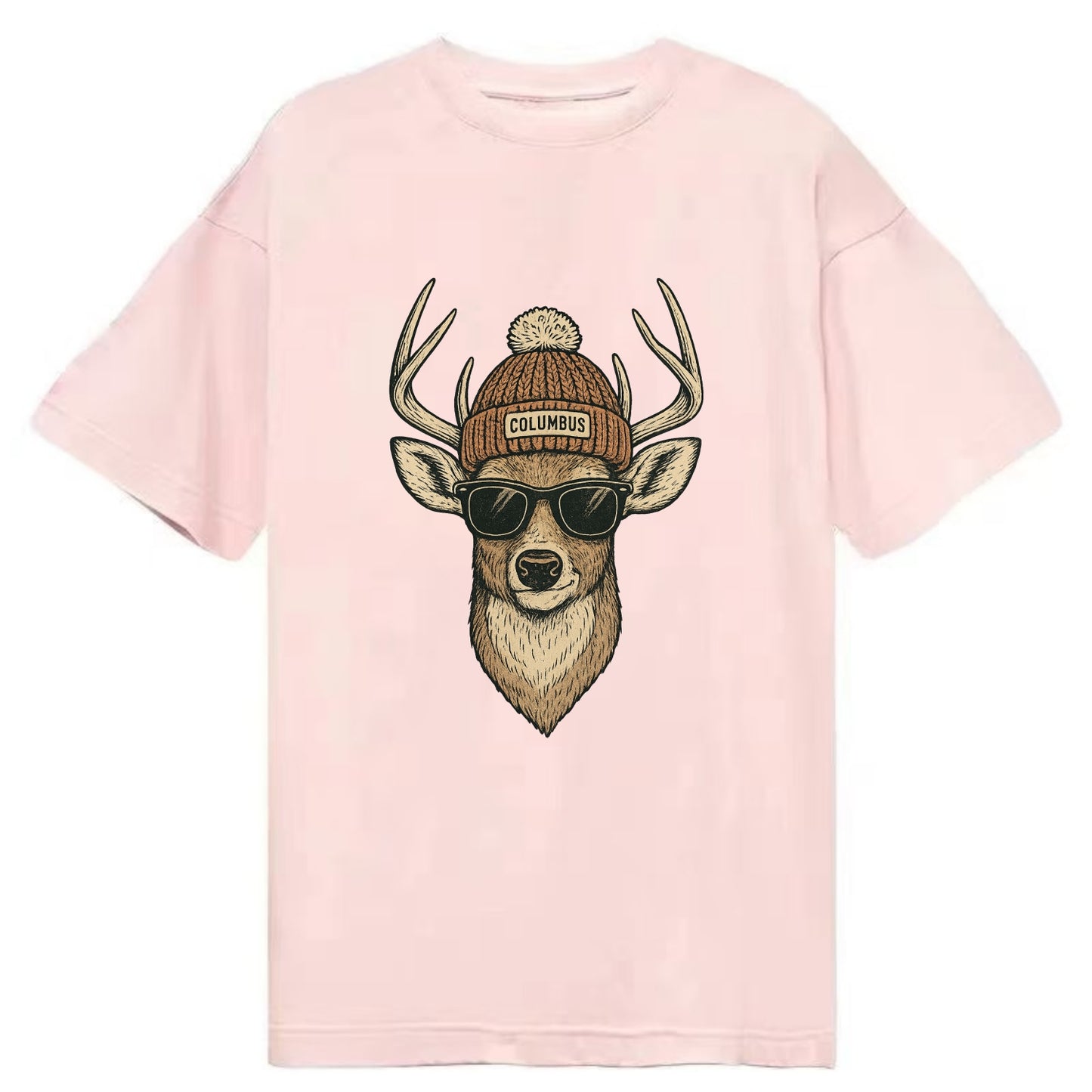 Ohio White-tailed Deer wearing Columbus beanie with pom pom and wayfarer - Classic T-shirt - Pink