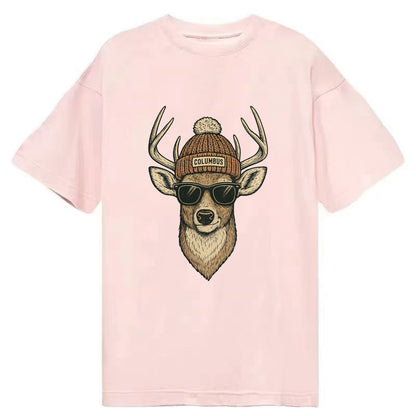 Ohio White-tailed Deer wearing Columbus beanie with pom pom and wayfarer - Classic T-shirt - Pink