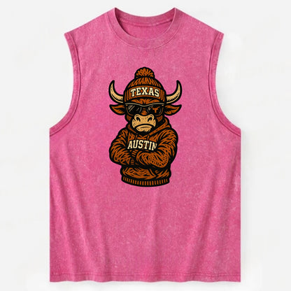 Austin Bevo wearing Texas beanie with longhorn patch - Vintage Washed Tank - Pink