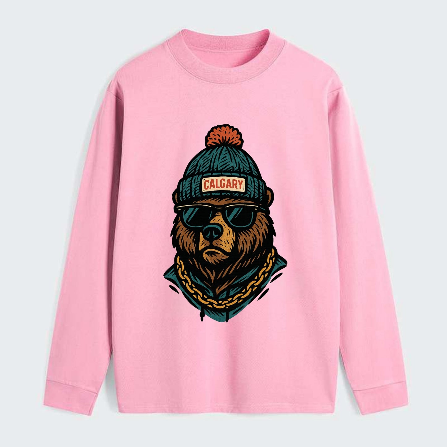 Calgary Grizzly Bear wearing Calgary beanie with pom pom and wayfarer - Classic Long Sleeve Shirt - Pink