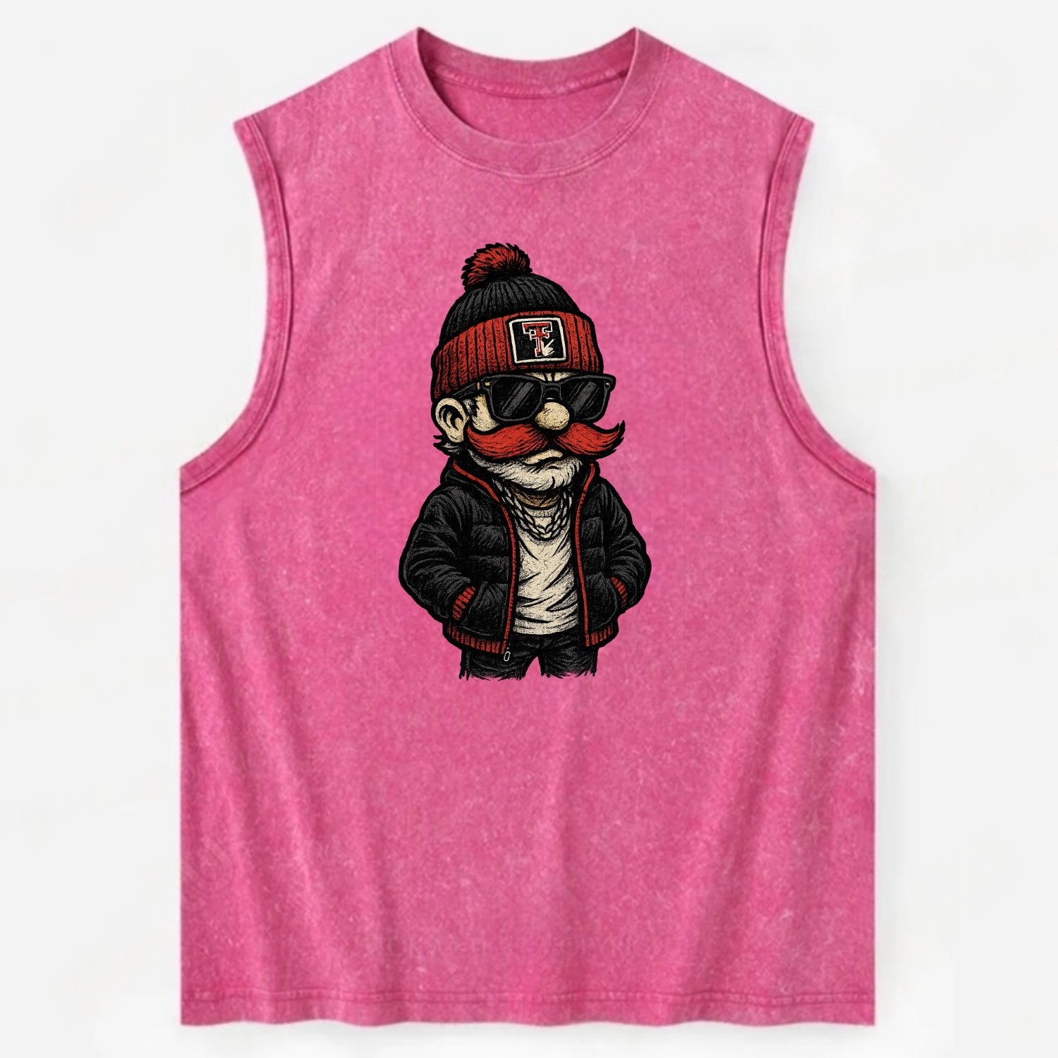 Lubbock Raider wearing Texas Tech beanie with guns up patch - Vintage Washed Tank - Pink