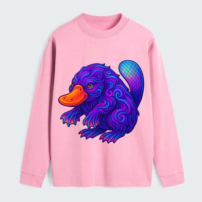 Quirky platypus with bill glowing in neon orange, beaver tail with - Classic Long Sleeve Shirt - Pink