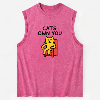 CATS OWN YOU | Cat on throne pointing down - Vintage Washed Tank - Pink