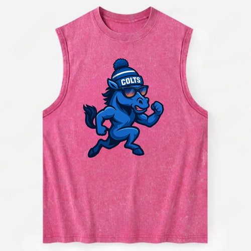 Indianapolis Colt Horse wearing Colts blue and white beanie with pom pom and - Vintage Washed Tank