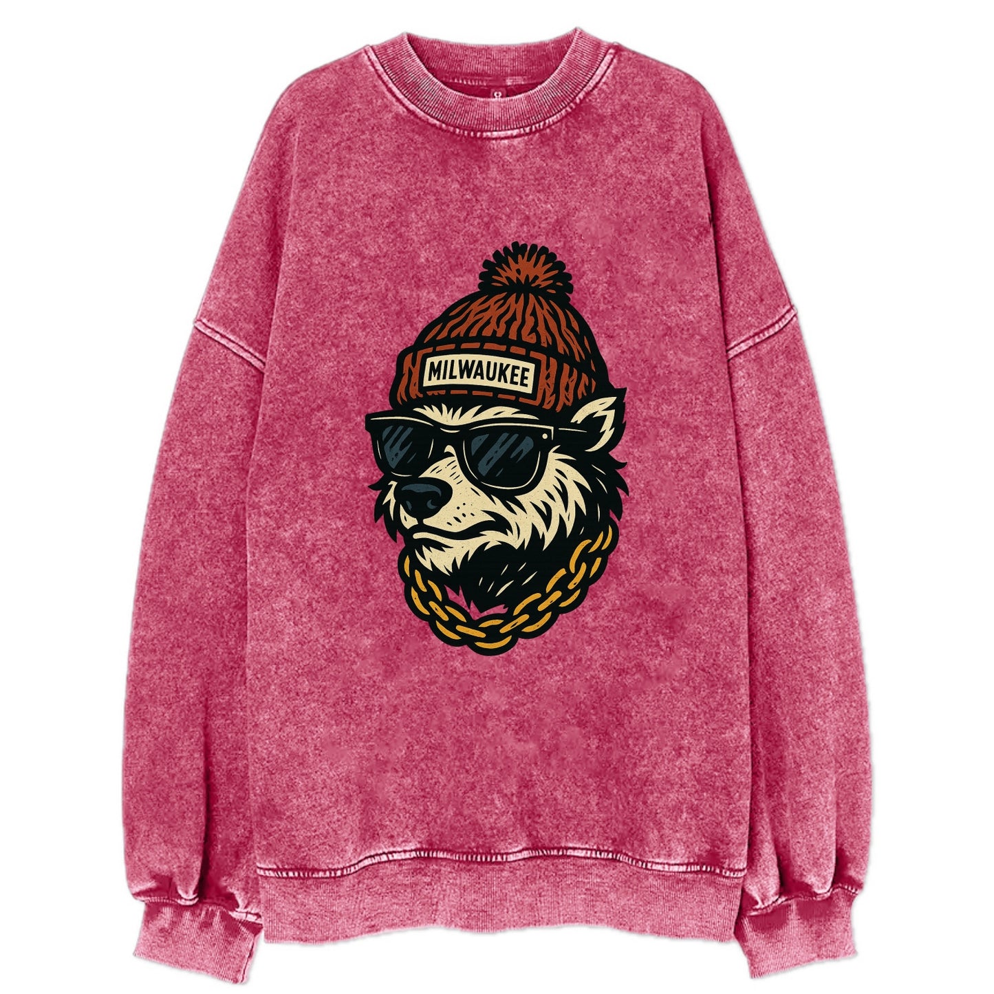 Milwaukee Badger wearing Milwaukee beanie with pom pom and wayfarer sunglasses - Vintage Sweatshirt - Pink