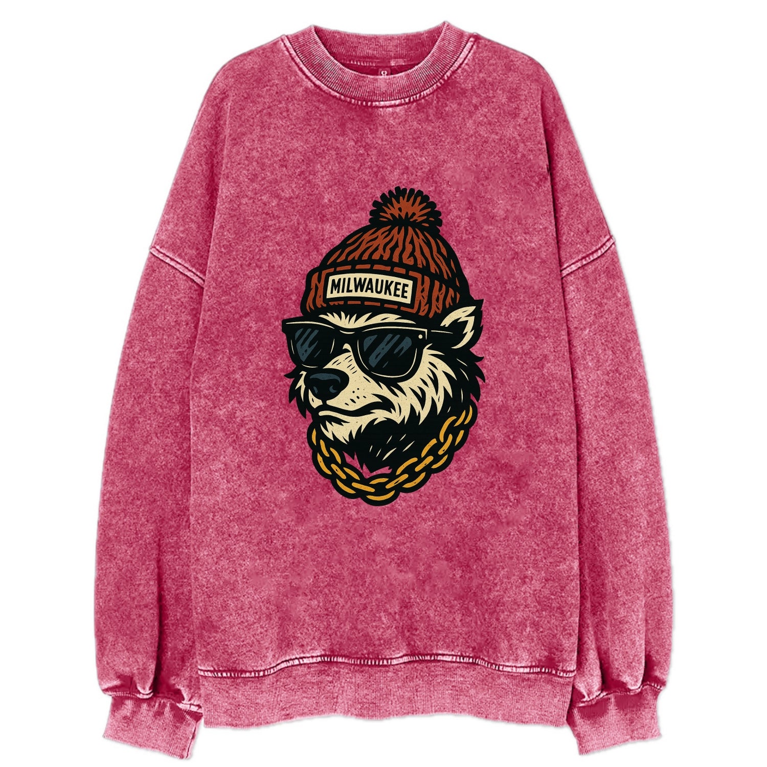 Milwaukee Badger wearing Milwaukee beanie with pom pom and wayfarer sunglasses - Vintage Sweatshirt - Pink