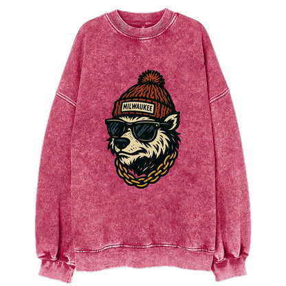 Milwaukee Badger wearing Milwaukee beanie with pom pom and wayfarer sunglasses - Vintage Sweatshirt - Pink