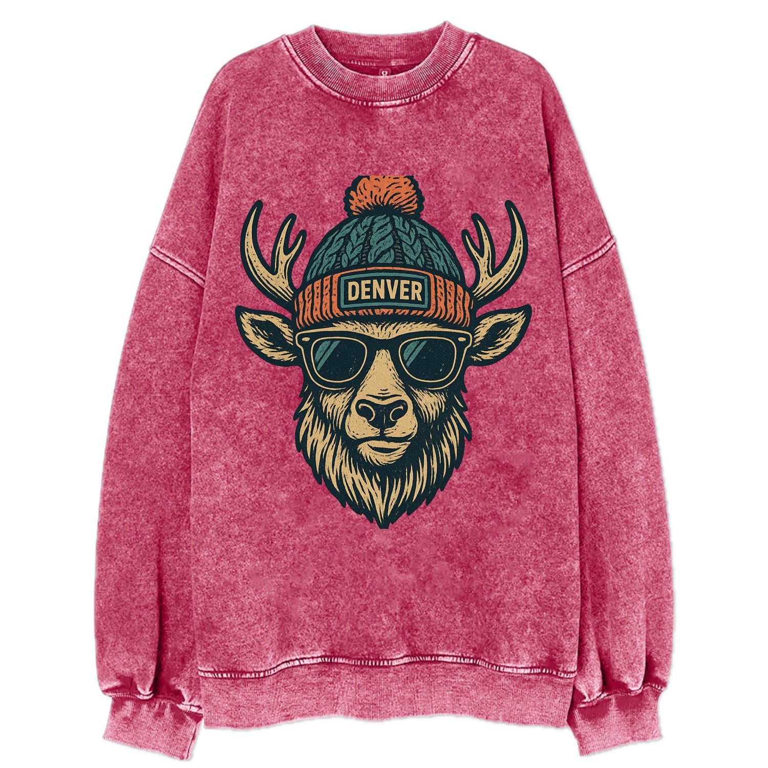 Denver Elk wearing Denver beanie with pom pom and wayfarer sunglasses - Vintage Sweatshirt - Pink