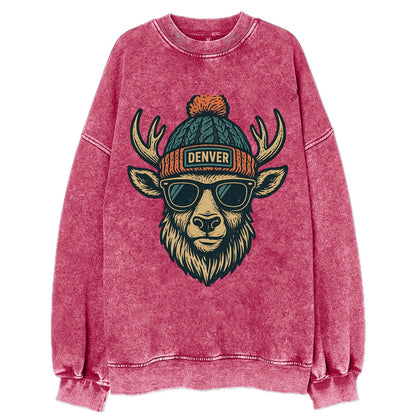 Denver Elk wearing Denver beanie with pom pom and wayfarer sunglasses - Vintage Sweatshirt - Pink