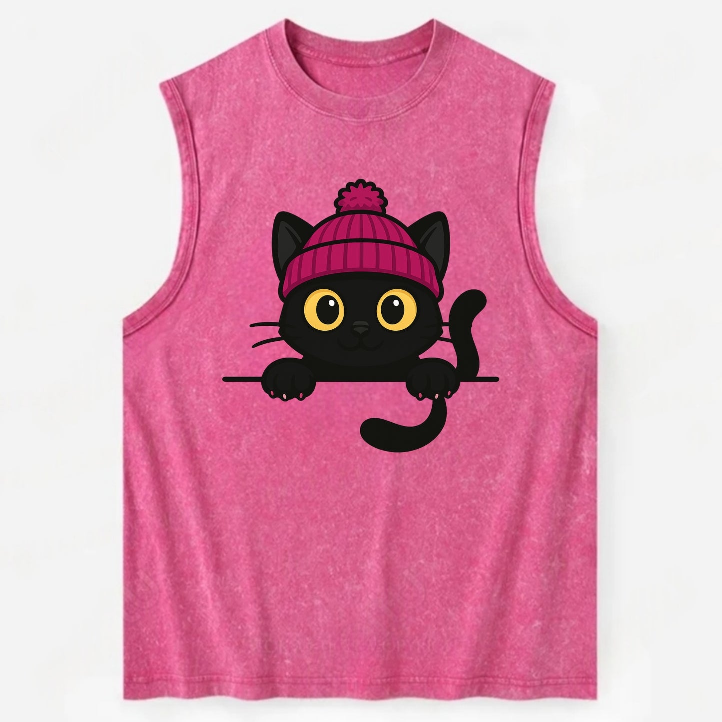 Midnight the black cat holding a tiny book labeled secrets against the ledge. - Vintage Washed Tank - Pink