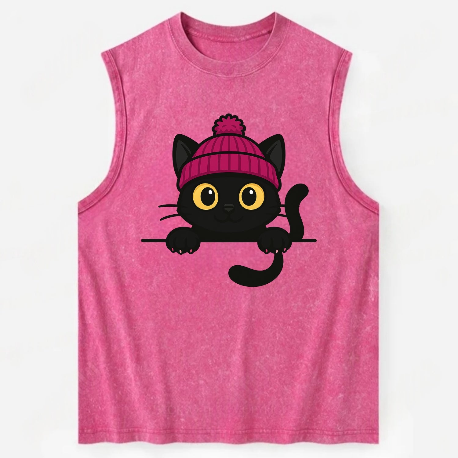 Midnight the black cat holding a tiny book labeled secrets against the ledge. - Vintage Washed Tank - Pink
