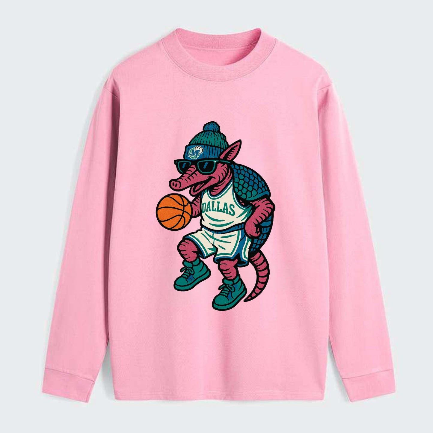 Dallas Armadillo wearing Mavericks beanie with cowboy hat patch and - Classic Long Sleeve Shirt - Pink