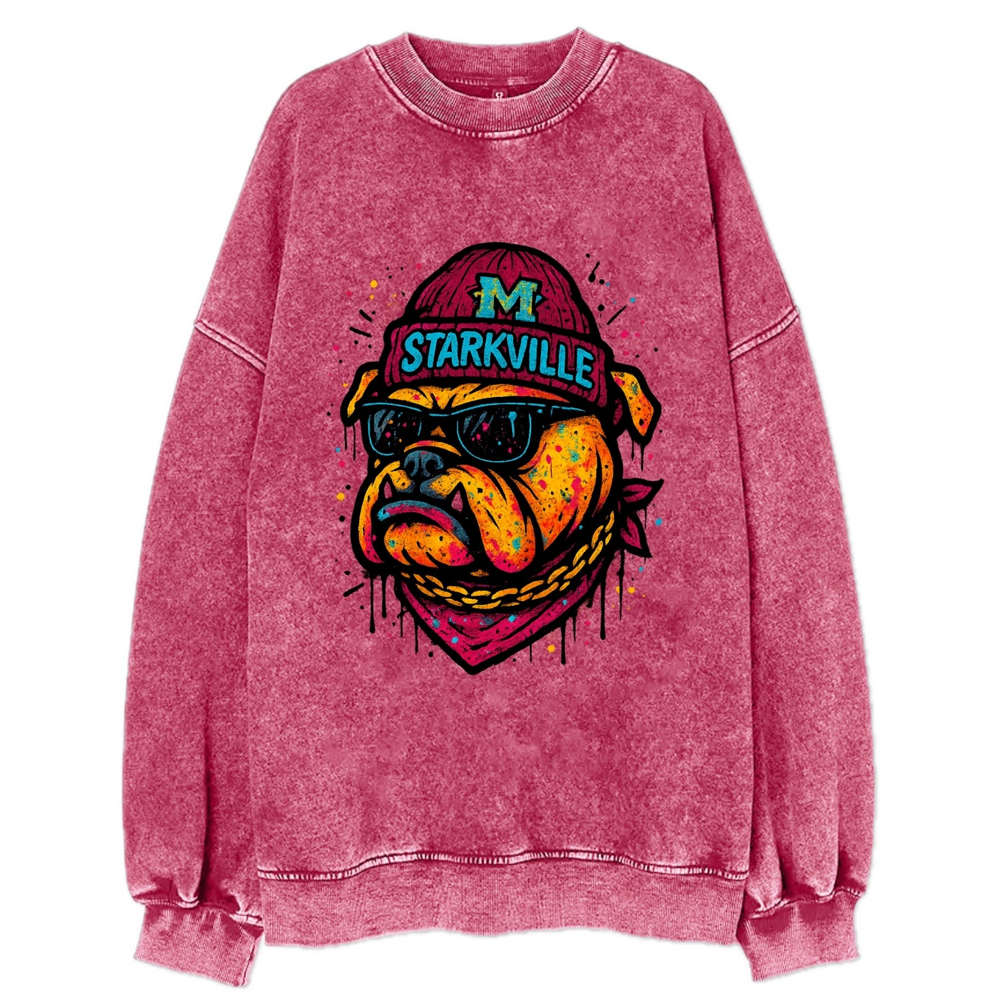 Starkville Bulldog wearing Mississippi State beanie with M patch - Vintage Sweatshirt - Pink