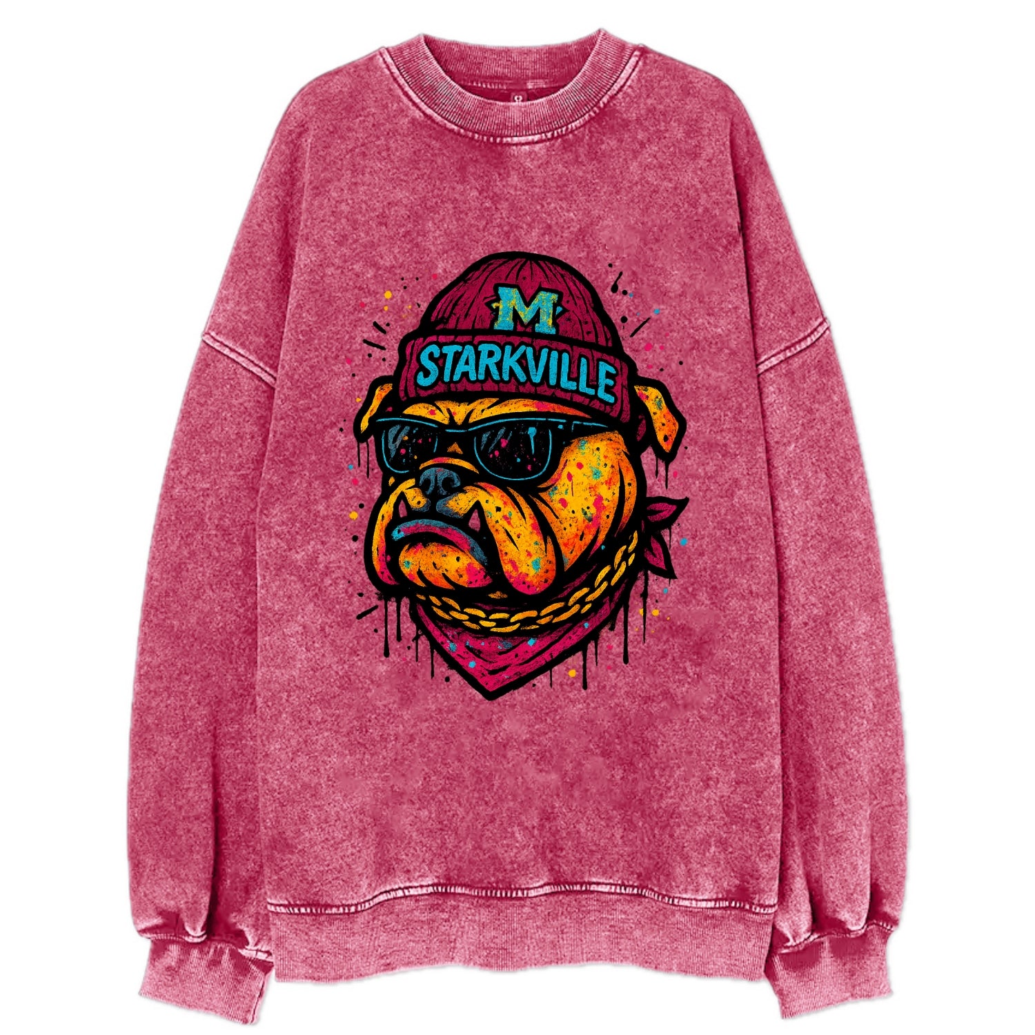 Starkville Bulldog wearing Mississippi State beanie with M patch - Vintage Sweatshirt - Pink