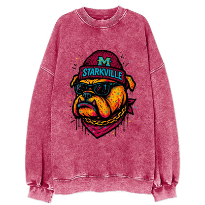 Starkville Bulldog wearing Mississippi State beanie with M patch - Vintage Sweatshirt - Pink