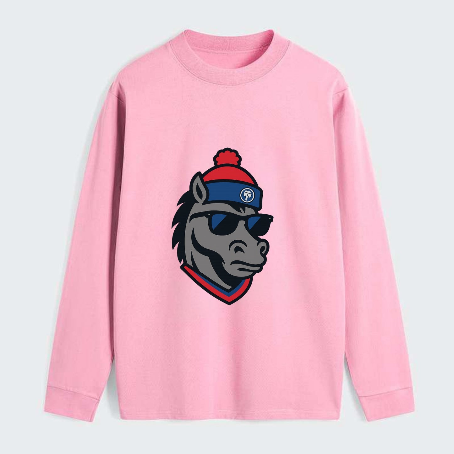 Detroit Stallion wearing Pistons red and blue beanie with piston patch - Classic Long Sleeve Shirt - Pink