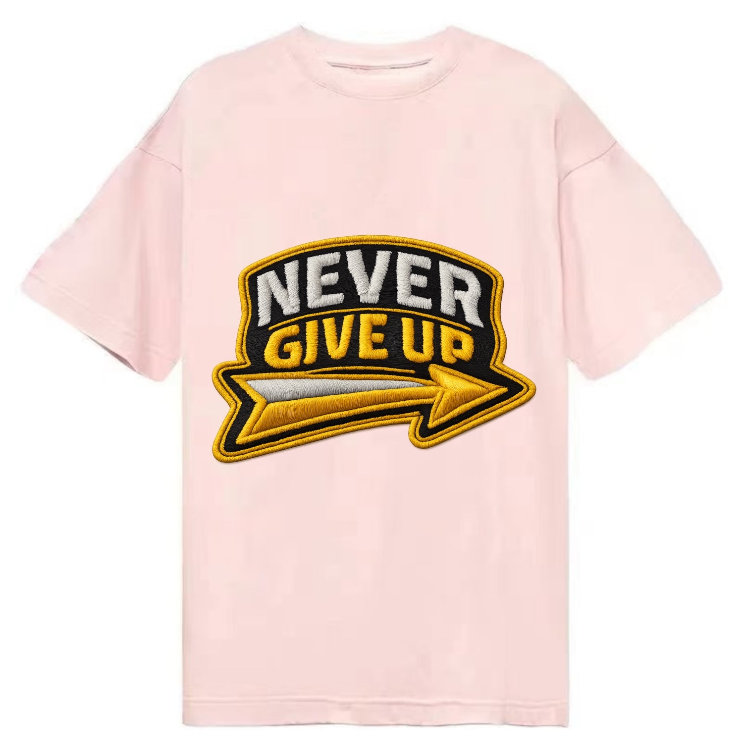 NEVER GIVE UP - bold text with arrow in gold , determination - Classic T-shirt - Pink