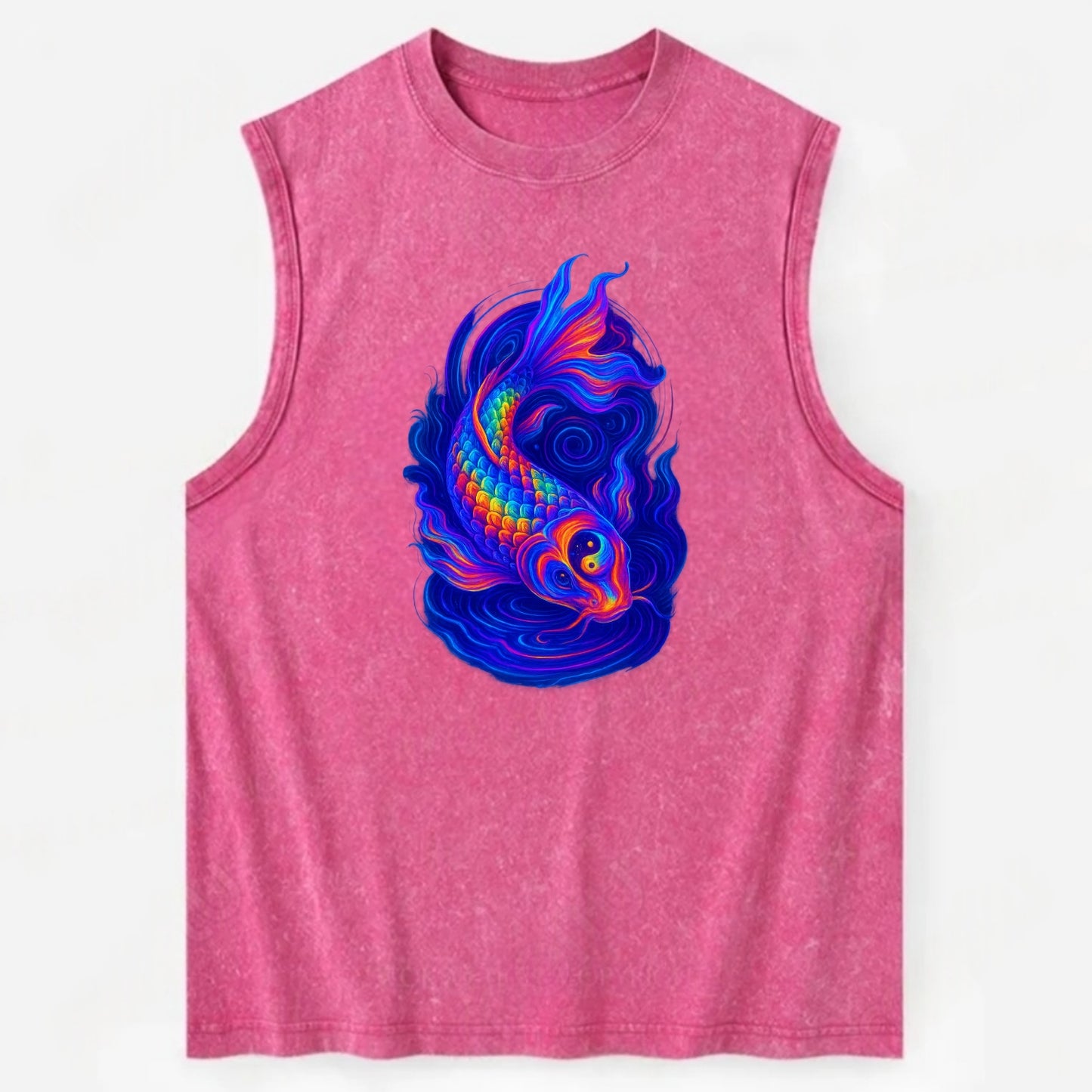 Sacred koi with scales reflecting rainbow prisms, yin-yang patterns in cosmic - Vintage Washed Tank - Pink