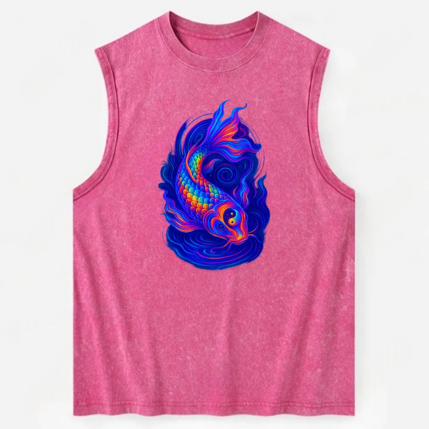 Sacred koi with scales reflecting rainbow prisms, yin-yang patterns in cosmic - Vintage Washed Tank - Pink