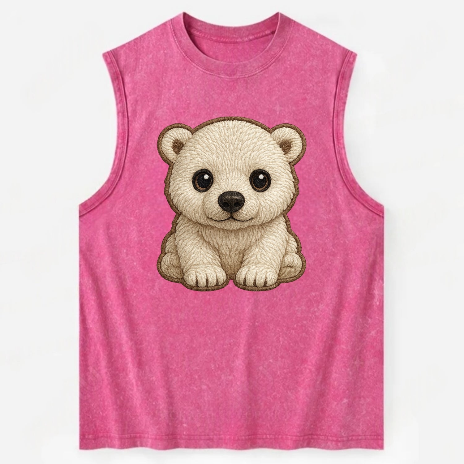 Baby Polar Bear Cub - white fluffy, black nose, dark curious eyes, - Vintage Washed Tank - Pink