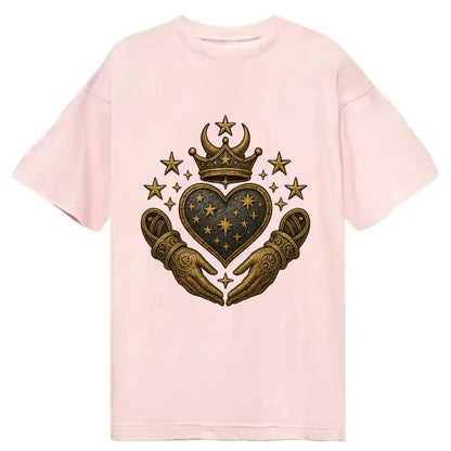 Weathered antique brass crown above a hammered gunmetal heart framed by ivy-woven - Classic T-shirt - Pink