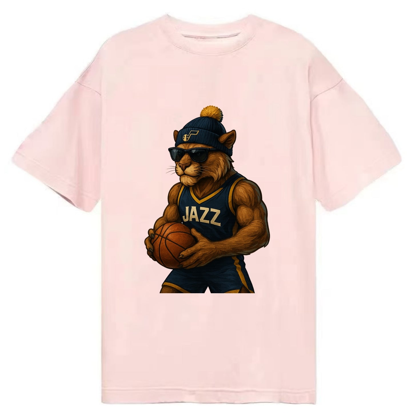 Utah Mountain Lion wearing Jazz navy and yellow beanie with music note and - Classic T-shirt - Pink