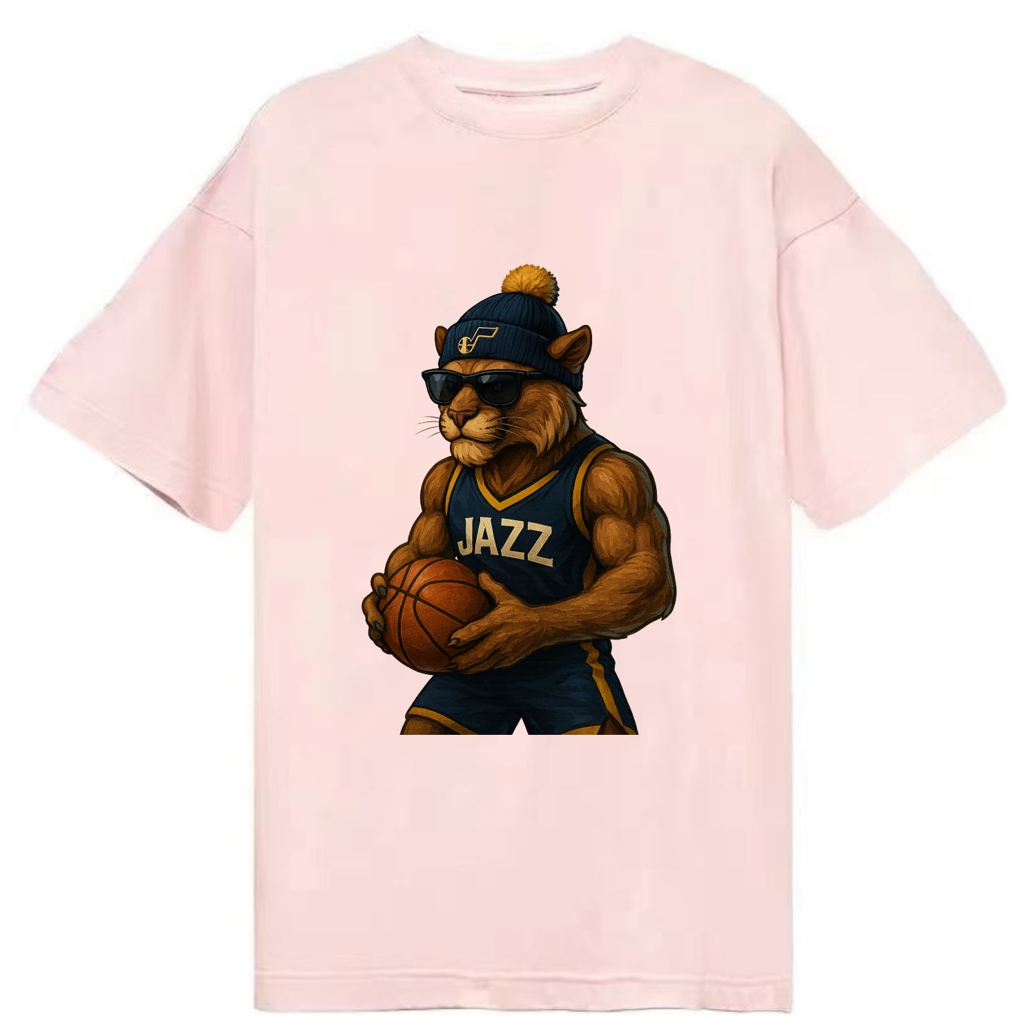 Utah Mountain Lion wearing Jazz navy and yellow beanie with music note and - Classic T-shirt - Pink
