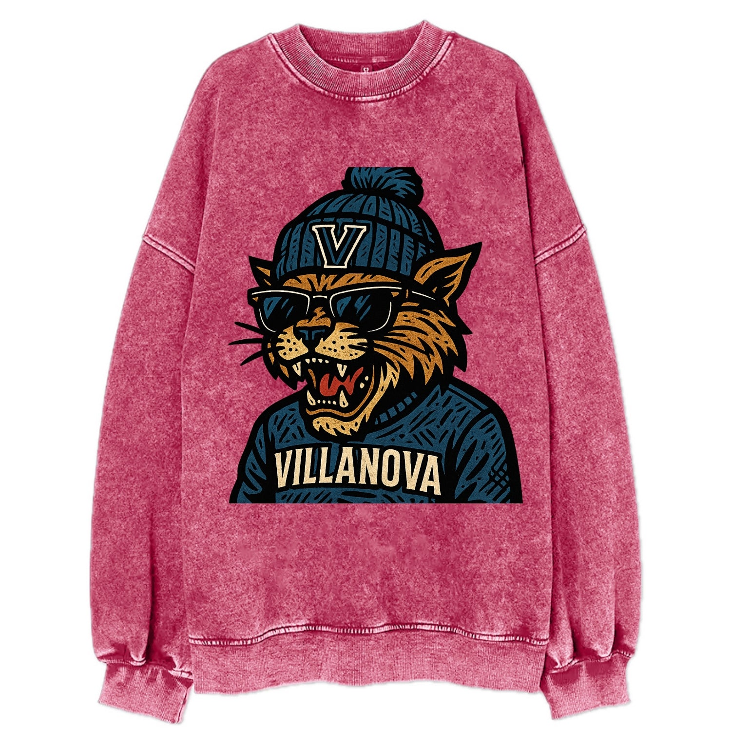 Villanova Wildcat wearing Villanova beanie with V patch - Vintage Sweatshirt - Pink