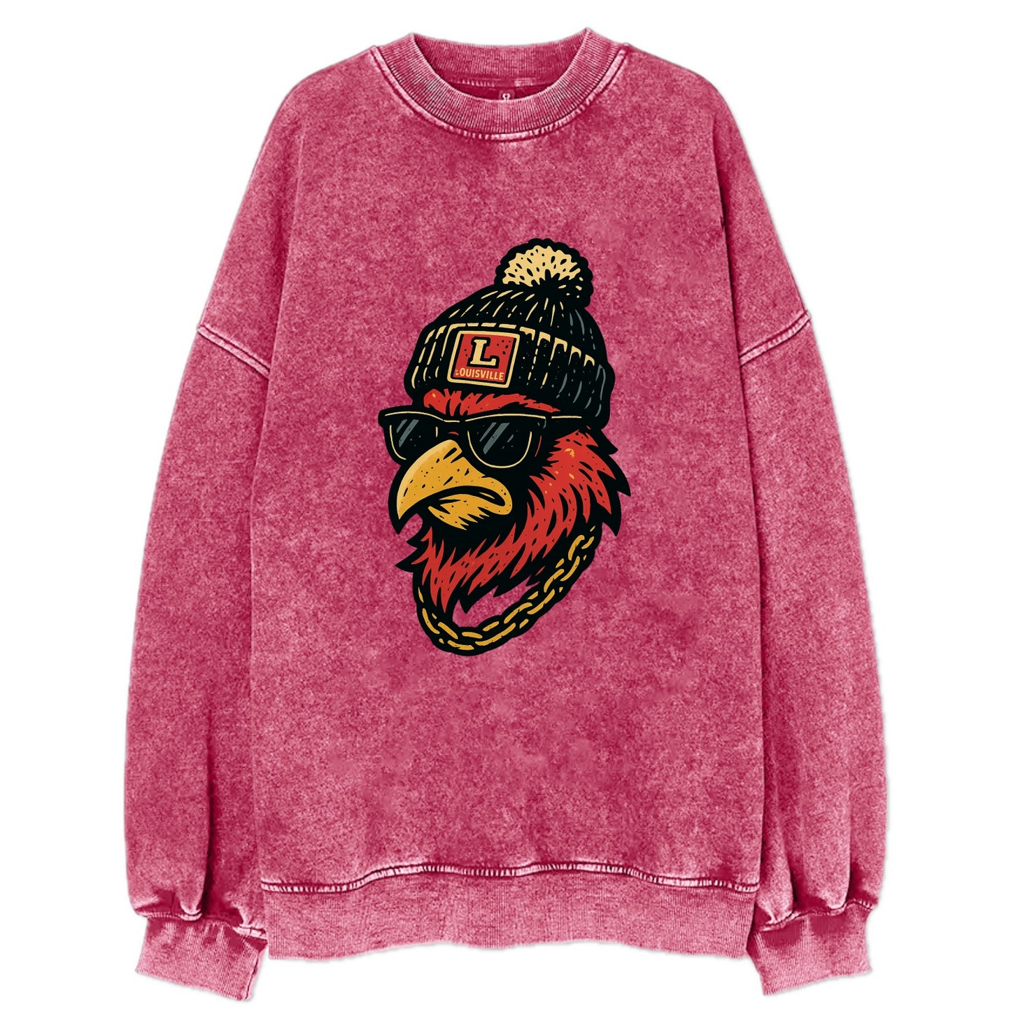 Louisville Cardinal wearing Louisville beanie with L patch - Vintage Sweatshirt - Pink